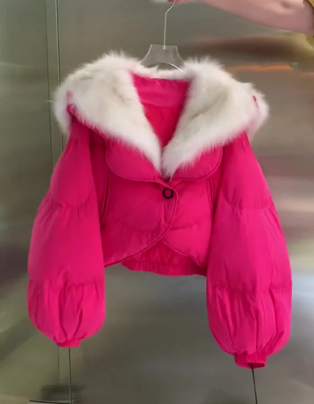 Winter Jacket Cotton Padded Warm Thicken Ladies Coat Short Coats Parka Artificial Fur Collar Stitching Womens Jackets