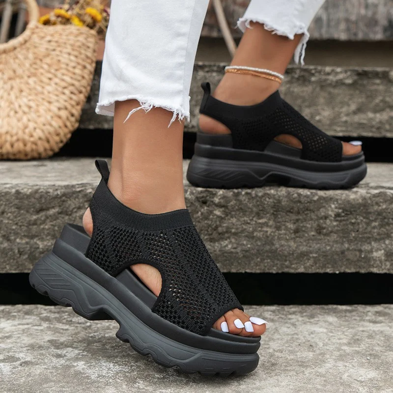 Fabric Spliced Sports Sandals Women's 2023 New Mesh Hollow Out Women's Shoes Casual Thick Sole Fish Mouth Women's Shoes