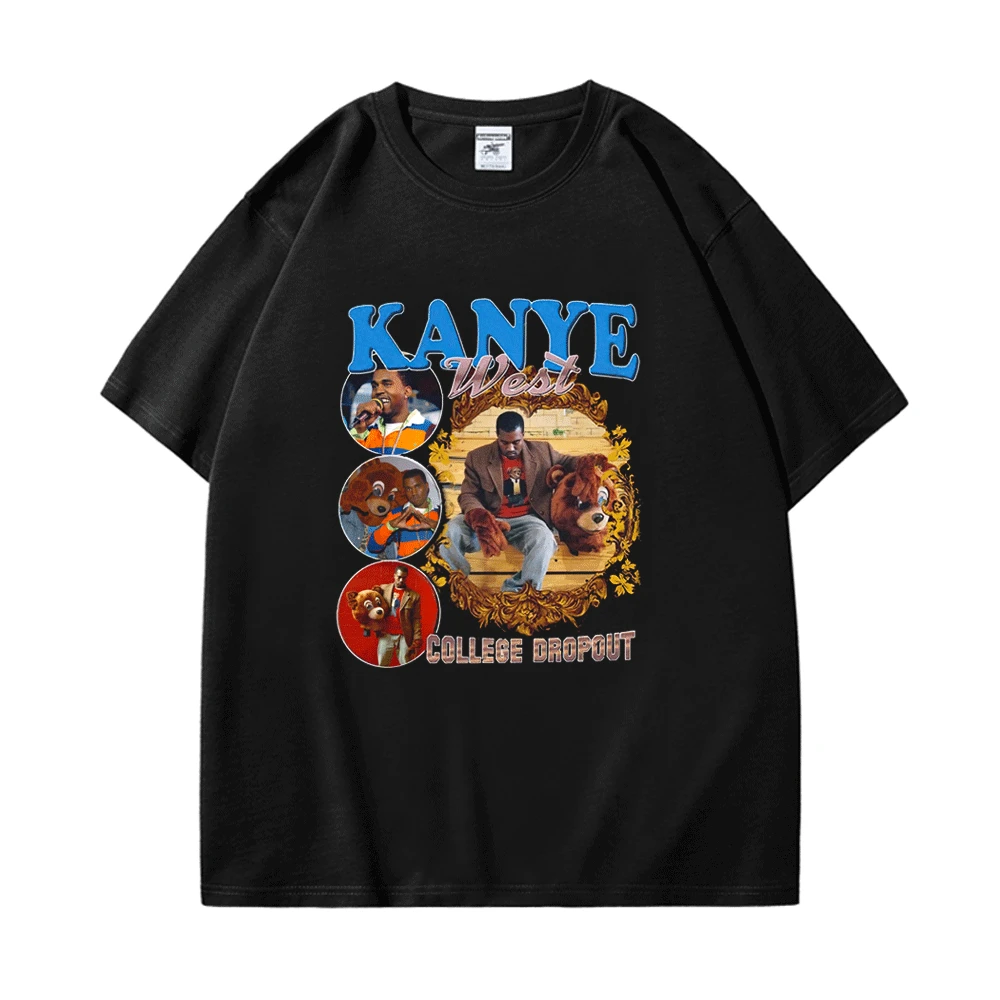 

Kanye West College Dropout Винтажная футболка в стиле 90-х рэп для мужчин и женщин, черная футболка в стиле хип-хоп с круглым вырезом и коротким рукавом, у...