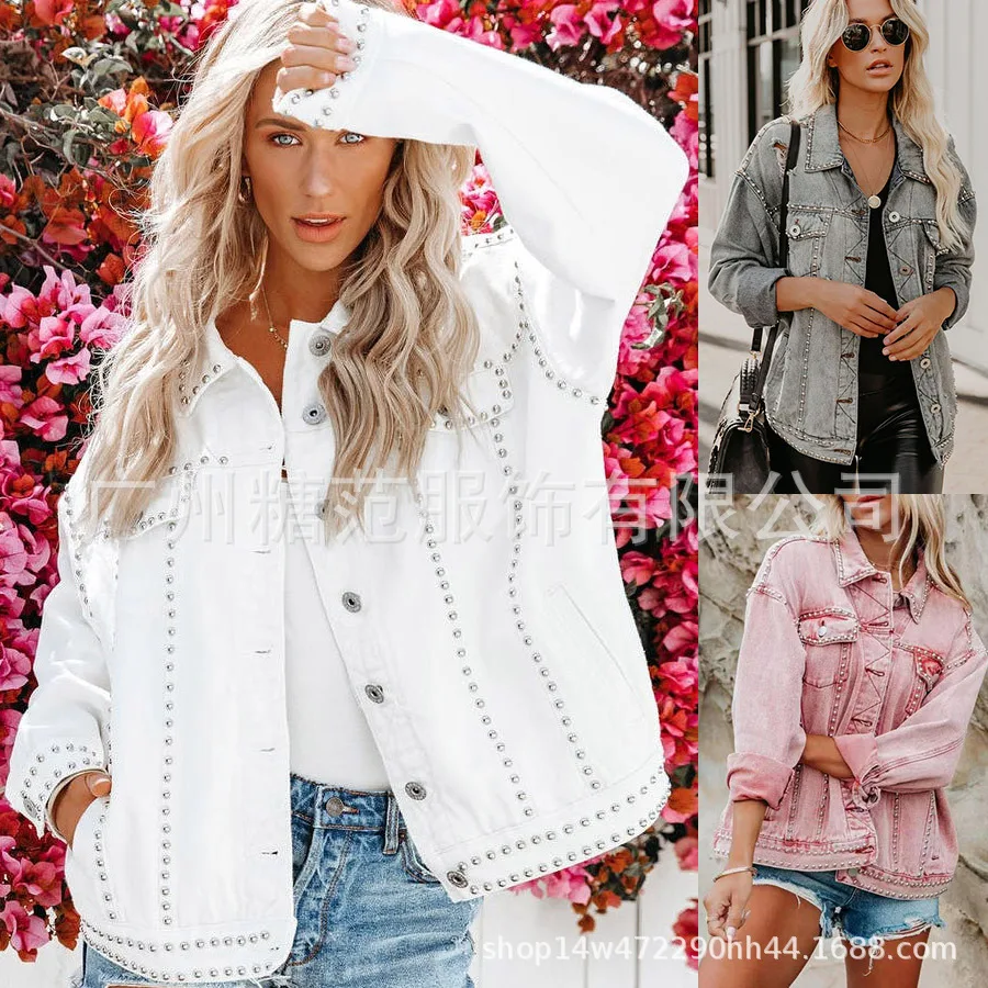 

2022 European and American New Denim Jacket Women's Rivet Hole To Make Old Loose Long-sleeved Jacket