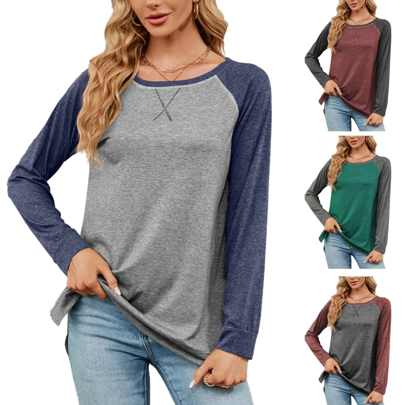 

Женские осенние топы с длинными рукавами и круглым вырезом Базовые футболки Блузки Туники Топы Повседневная футболка с боковым