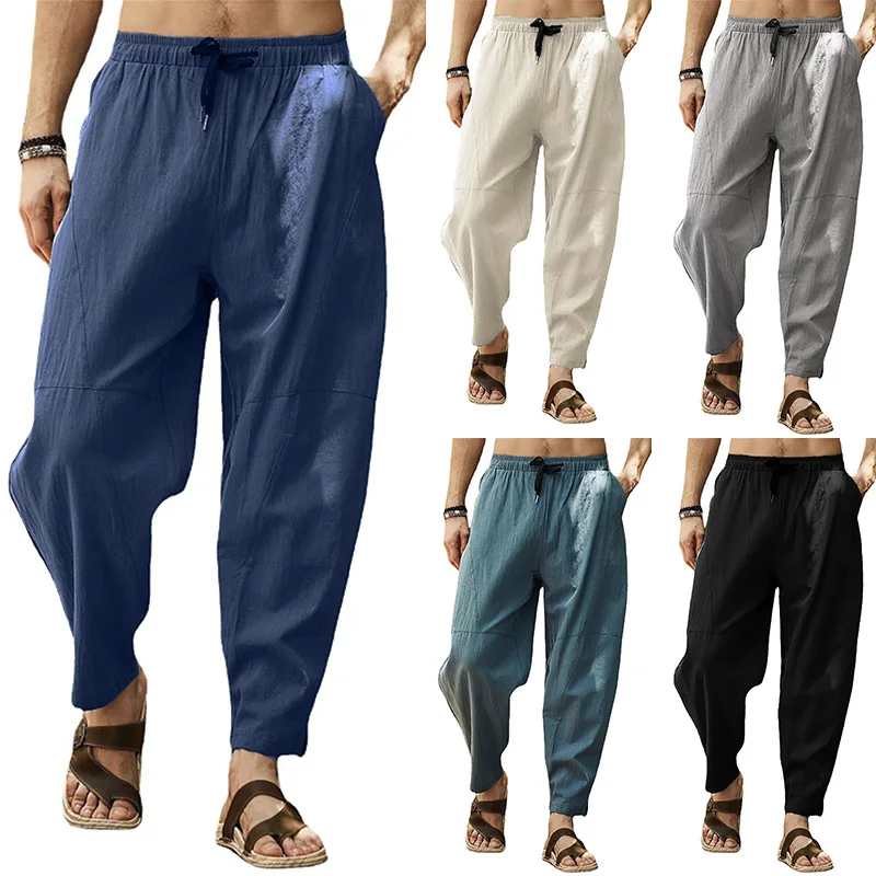 

Summer Men's Pants Europe America Large Size Casual Ninth Pants Loose Cotton Linen Drawstring Hip Hop Lantern Quick Dry Pants
