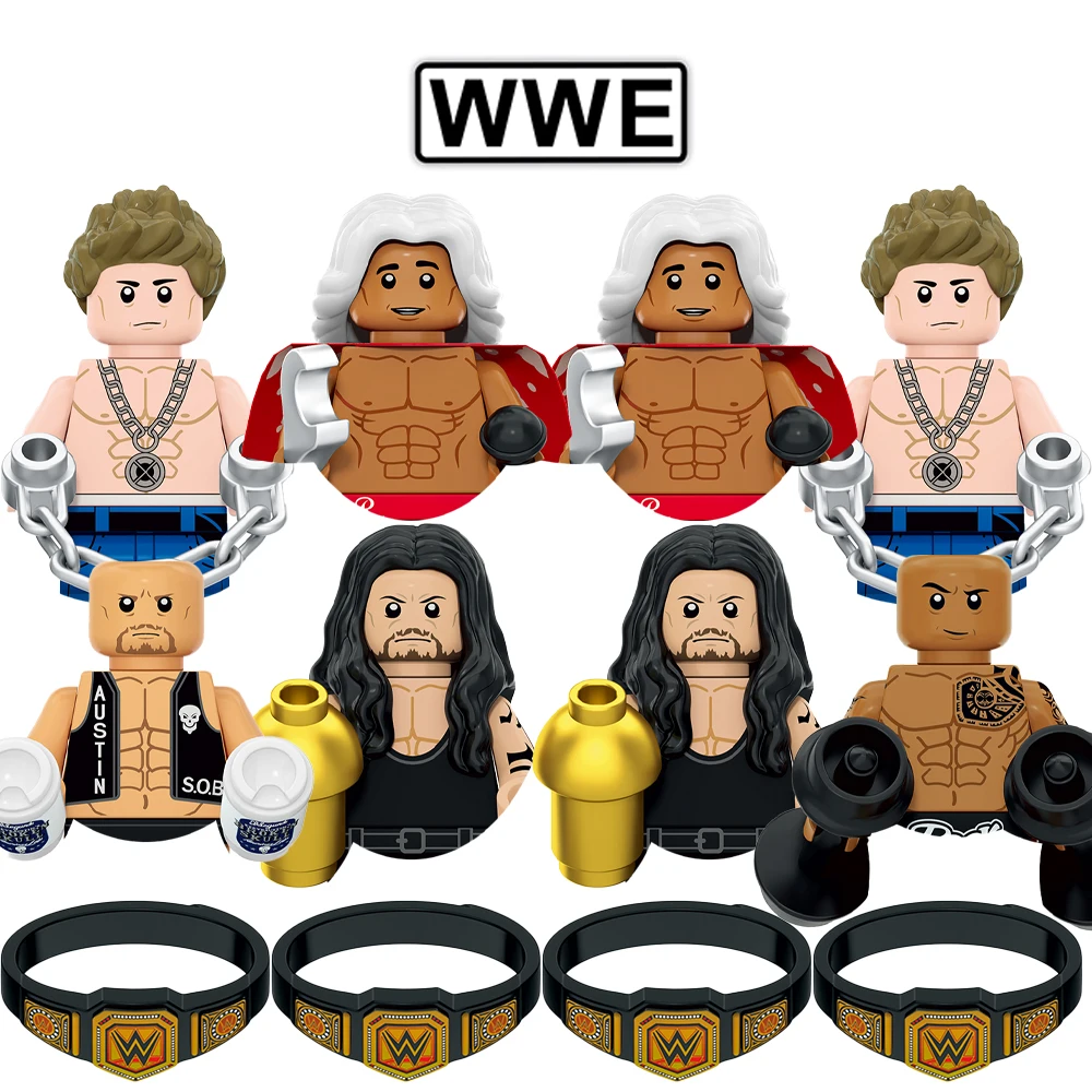 Фото Конструктор WWE: Фигурки рестлеров, золотой чемпионский пояс, персонажи, строительные блоки, игрушки для растяжки и тренировок, подарки №1