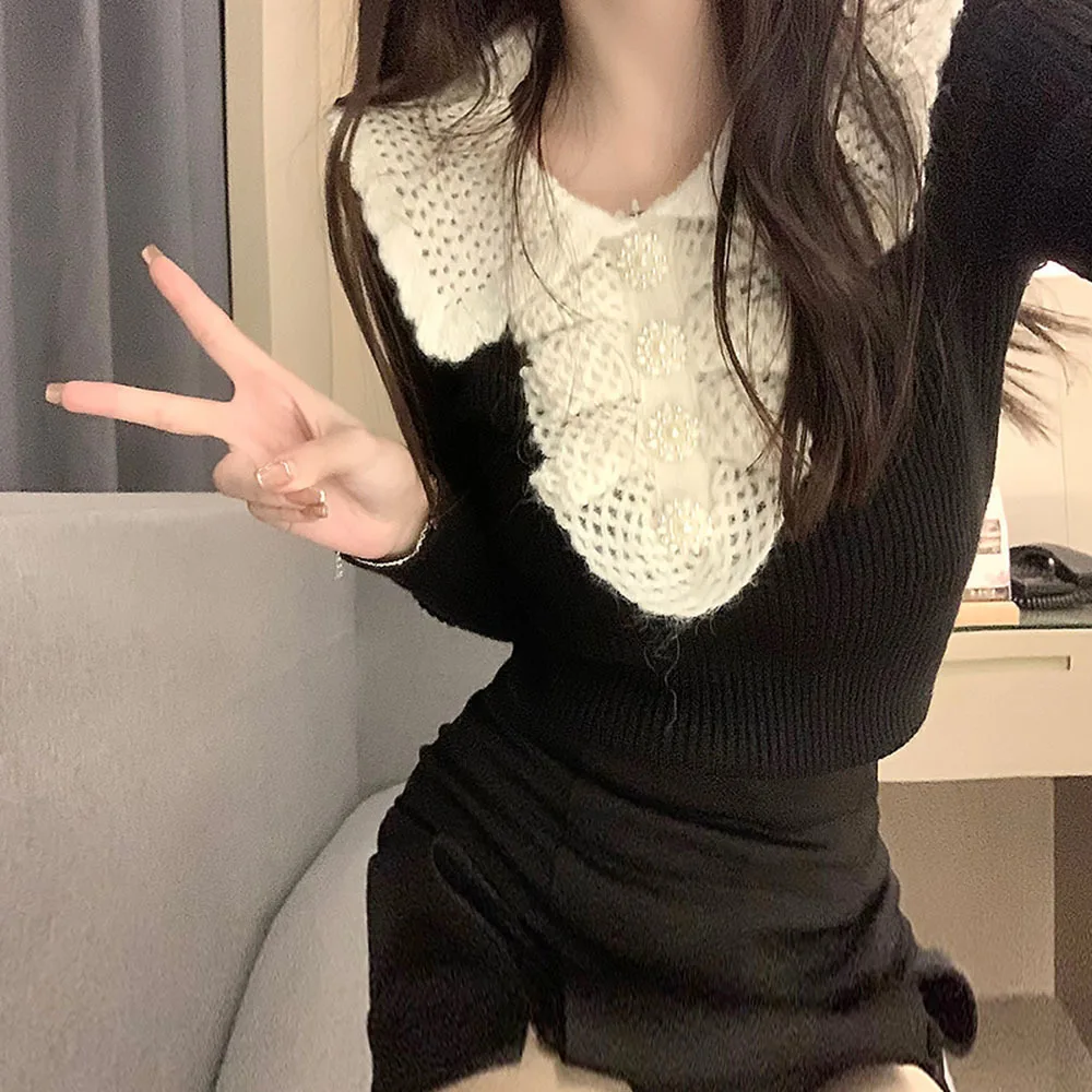 

French Vintage Sweater Women Sweet Doll Collar Knitwear Autumn Winter 2022 Popular Elegant Pullover Ladeis Long Sleeve Knit Tops