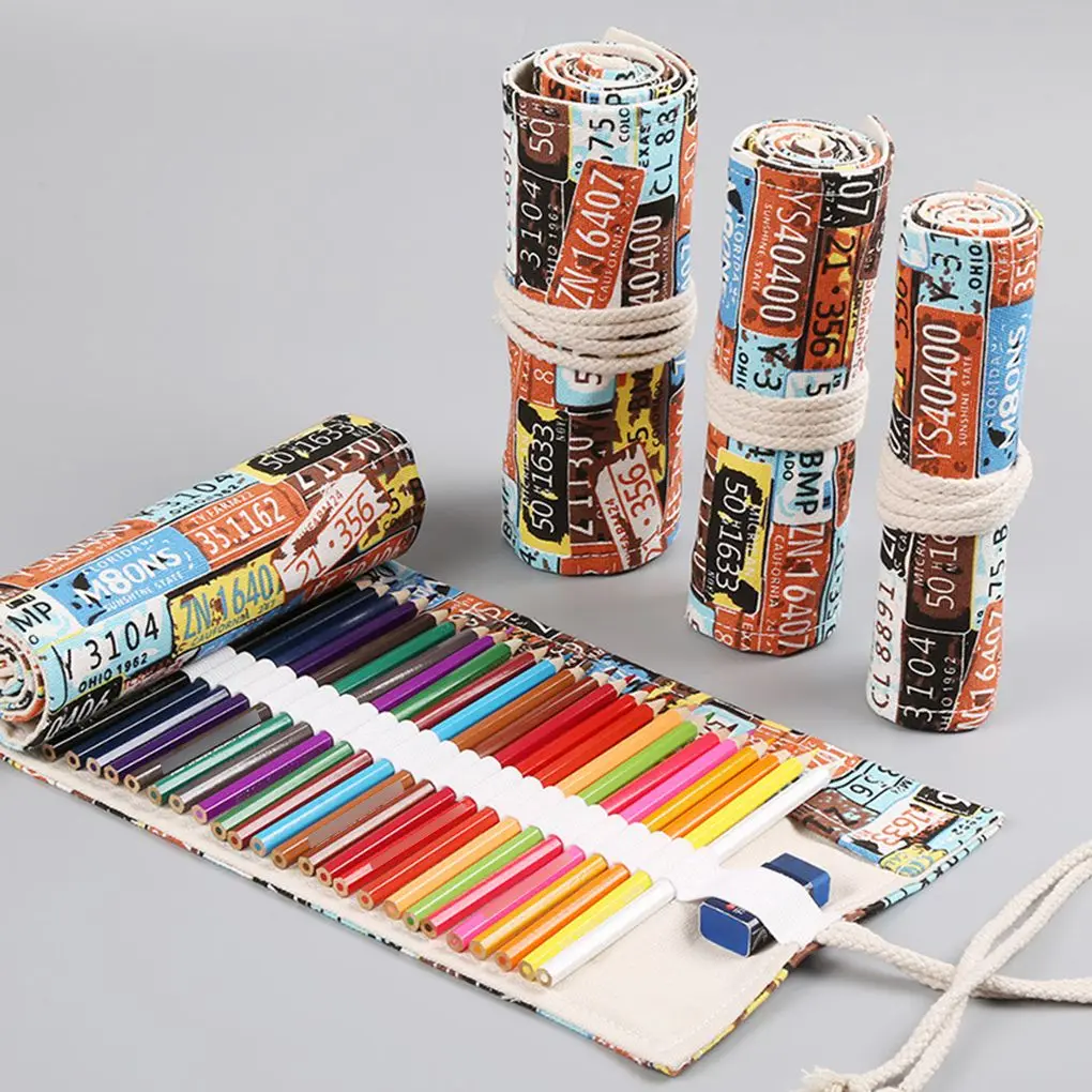 

Car Plates Pattern Roll Up Canvas Paint Brush Case Pencil Bag Drawing Pen Pouch Storage 12-72 Holes