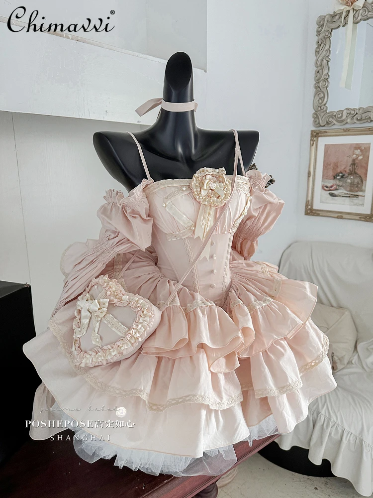 

Sweet Cute High Waist Round Neck Long Sleeve Women's Dress 2023 Spring and Autumn Japanese Style Fashion Pink A-Line Dress