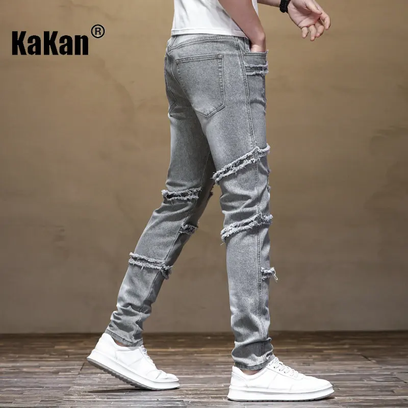 Kakan - New Light Grey Slim Fit Motorcycle Spliced Ragged Edge Jeans for Men, Trendy Small Feet Mid Waist Long Jeans K19-9325