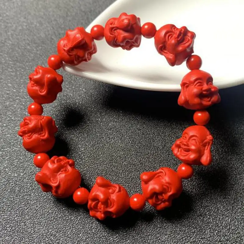 

Natural Red Organic Cinnabar Buddha Head Bracelet Men Women Pulsera Feng Shui Cinnabrite Crystal Lotus Beads Amulet Bracelets
