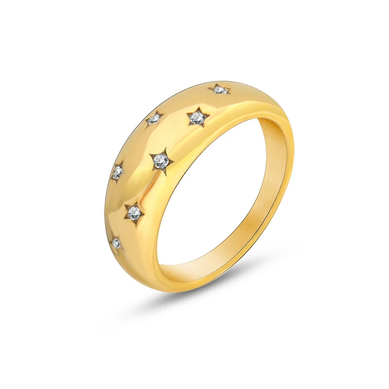 

Модное Гипоаллергенное покрытое 18-каратным золотом кольцо Starburst из нержавеющей стали с куполом и звездой из циркония кольца на палец для же...