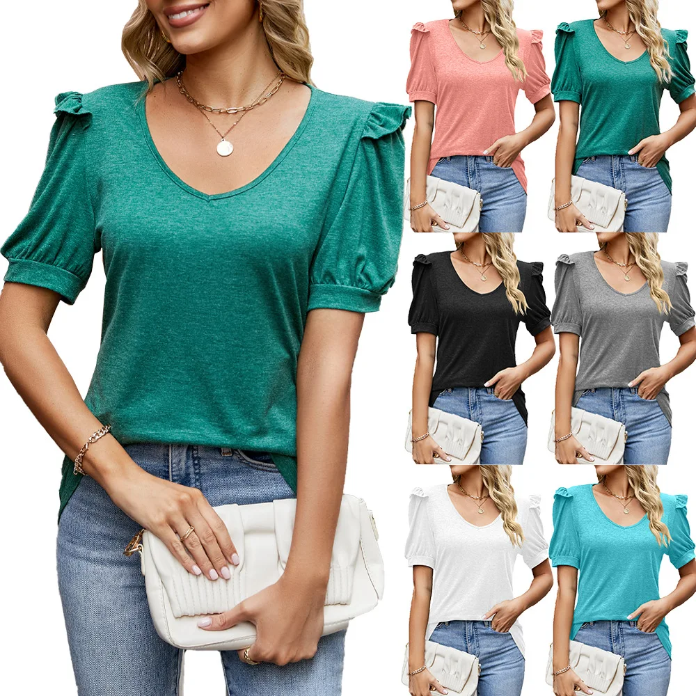 

Summer New Solid V-Neck Palace Sleeve Short Sleeve Temperament Commuter Fashion Straight Tube Spring Pullover T-shirt Top Female