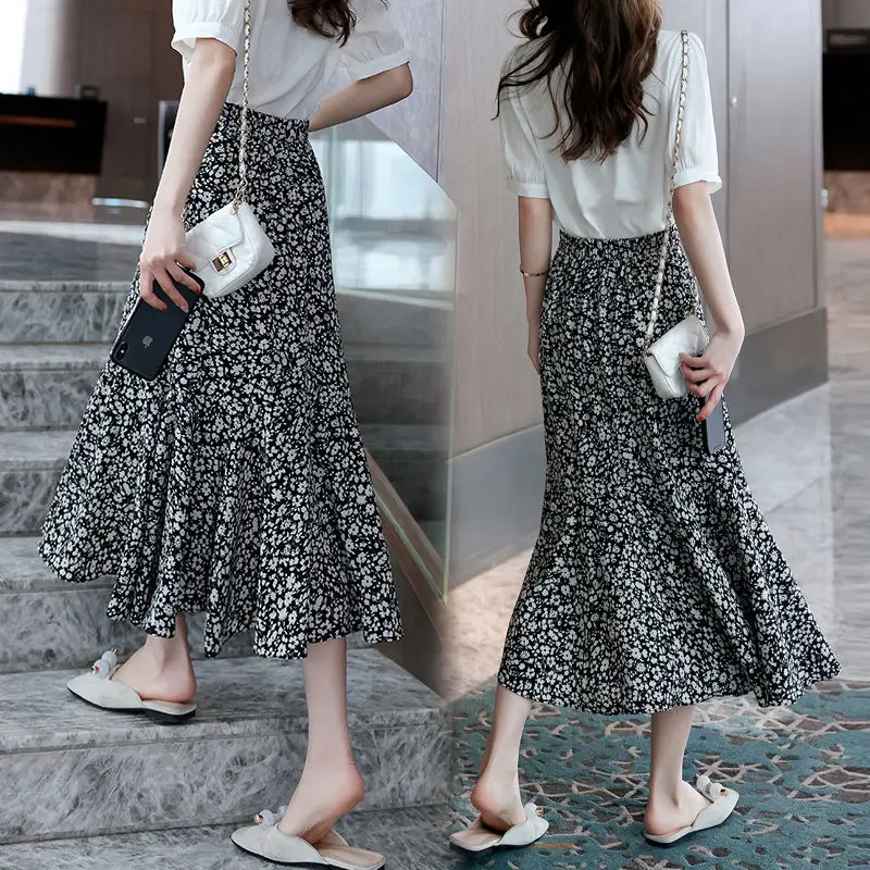 

Женская шифоновая юбка с оборками, элегантная винтажная трапециевидная юбка в Корейском стиле Бохо С Цветочным богемным принтом и высокой ...