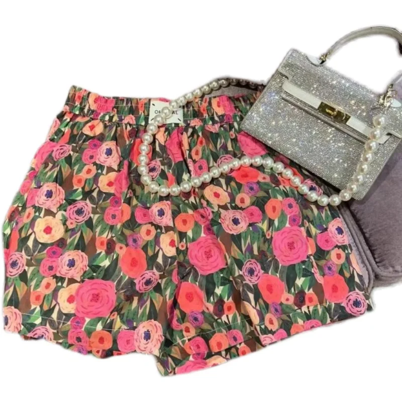Floral Casual Short Pants Women's Summer 2023 New Beach Shorts High Waist Slimming Wide Leg Versatile Design Color Hot Pants