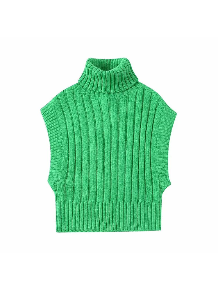 

Женский Повседневный трикотажный топ в рубчик, однотонный облегающий укороченный свитер без рукавов с высоким воротником в стиле ретро, ос...