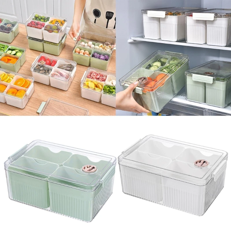

4 Grid Divider Refrigerator Storage Box with Lid Compartment Organize Supplies for Home Fridge Fresh-keeping Box