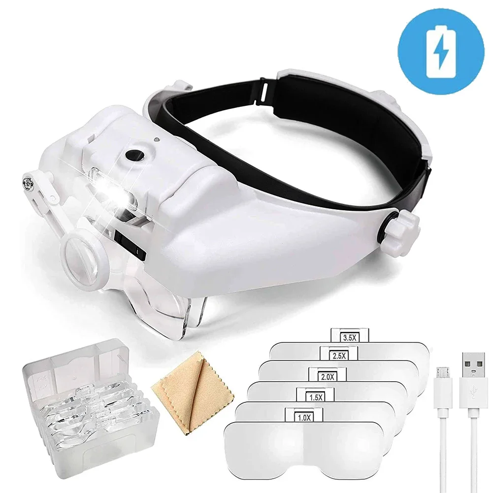 

Бинокулярные очки TKDMR с зарядкой от USB, лупа с 3-светодиодной подсветкой, увеличительное стекло для чтения