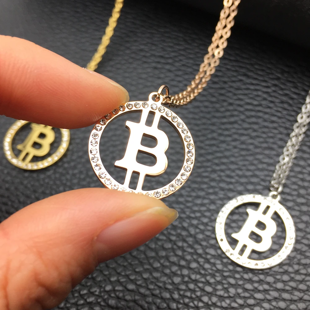 Ожерелье Стразы из нержавеющей стали с круглыми подвесками в виде биткоина трех