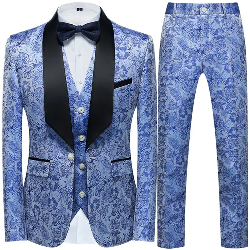 

Fasion New Men's Casual Boutique Business Weddin ost Flower Color Suits 3 Pcs Set Dress Blazers Jacket Pants Vest Coat