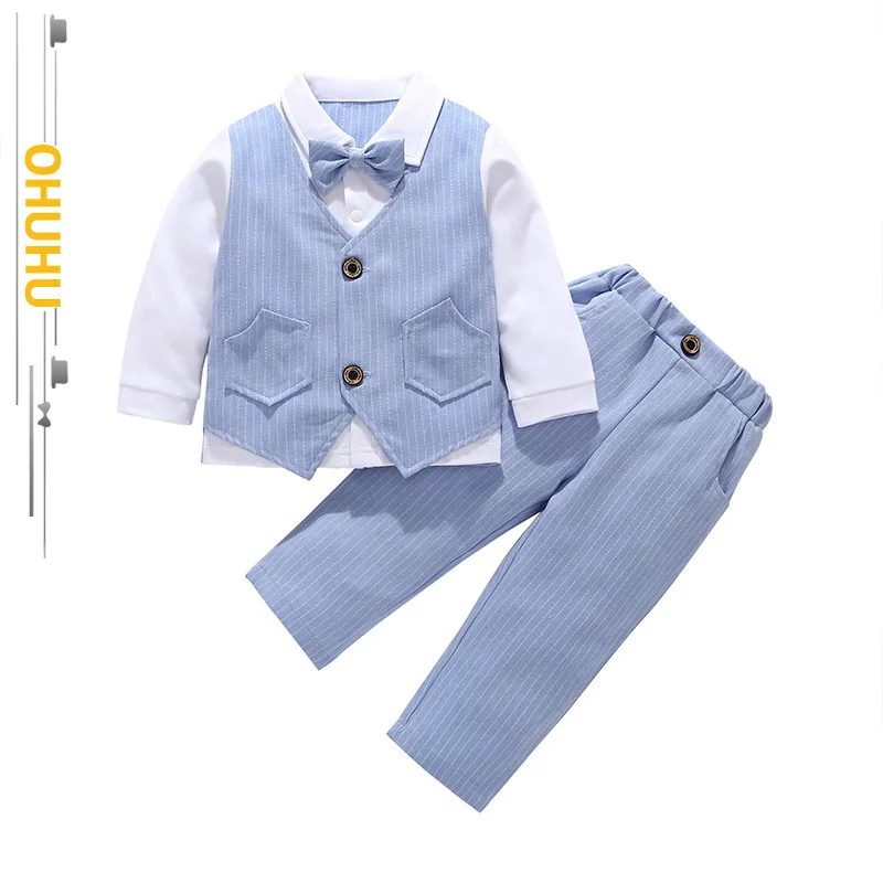

2022 Autumn Winter New Boy Cotton Striped Long Sleeve Clothing Sets Gentleman Pocket Bow for Birthday Weding Formal Party 2122