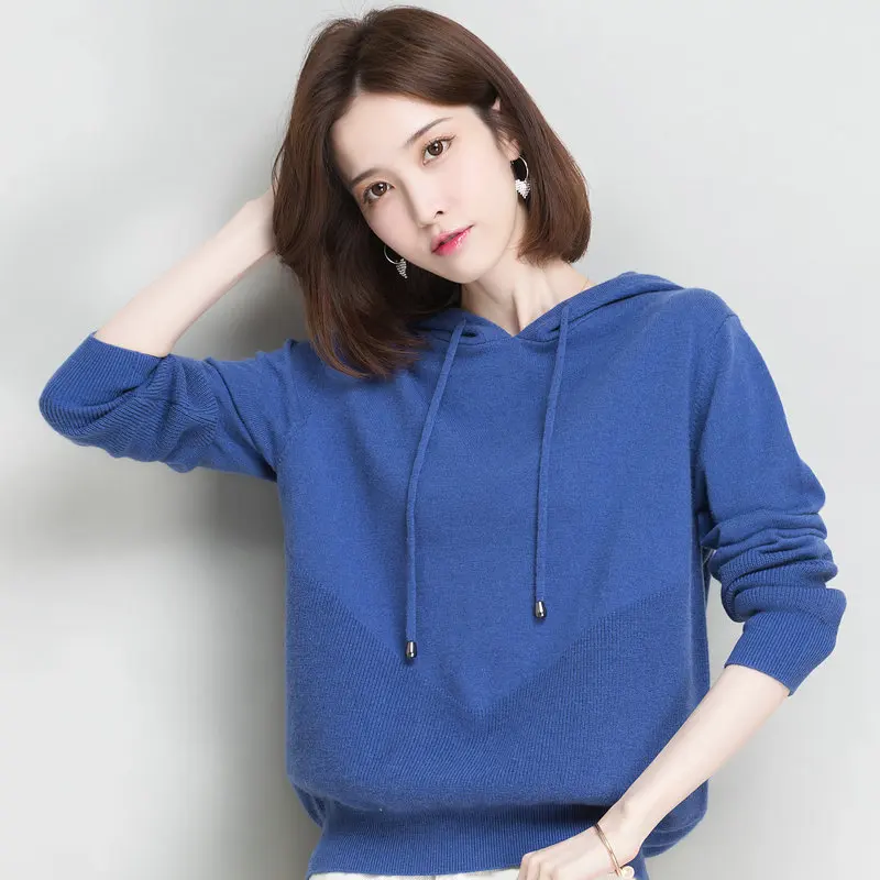 Women Sheep Wool Hooded Sweaters Blue Khaki Black Rabbit Woolen Blended Knitting Pullover Tops Warm Soft Cosy Knitwear 2022 New