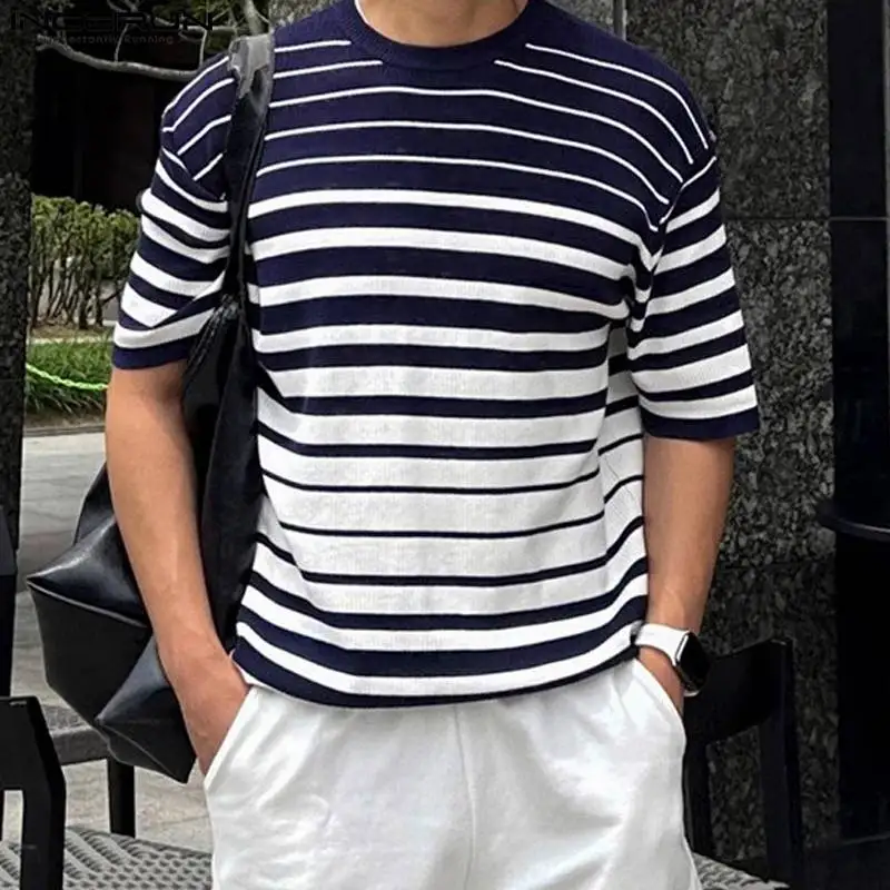 INCERUN 2024 Модные мужские градиентные полосатые трикотажные футболки в Корейском