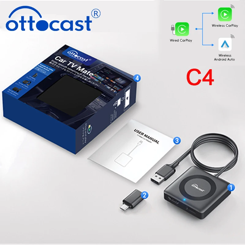 

OTTOCAST Car TV Mate C4 Беспроводной Адаптер Android Auto CarPlay С HDMI-конвертером Для ТВ-приставок И Игровых Консолей