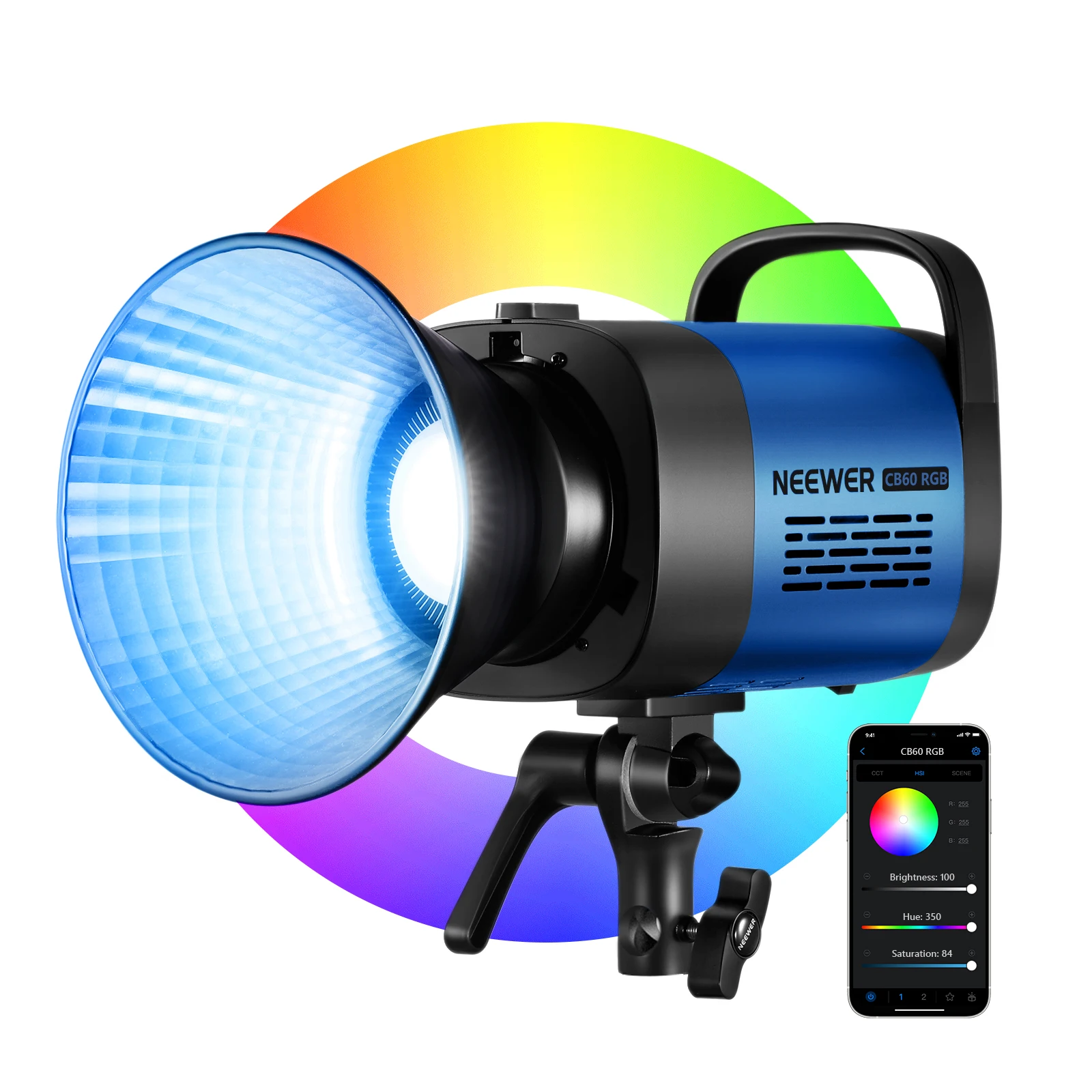 

NEEWER LED Video Light Bowens Mount RGB CB60 70W, RGB Full Color 18000 Lux@1m CCT 2700K~6500K CRI 97+ 17 Lighting Scenes App