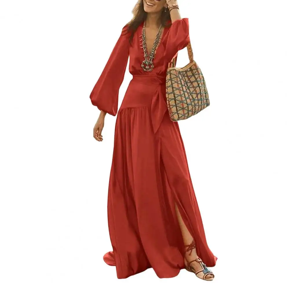 

Beach Dress Solid Color Deep V-Neck Flared Sleeves Loose-fitting Tight Waist Dress-up Washable Summer Beach Women Dress with Bel