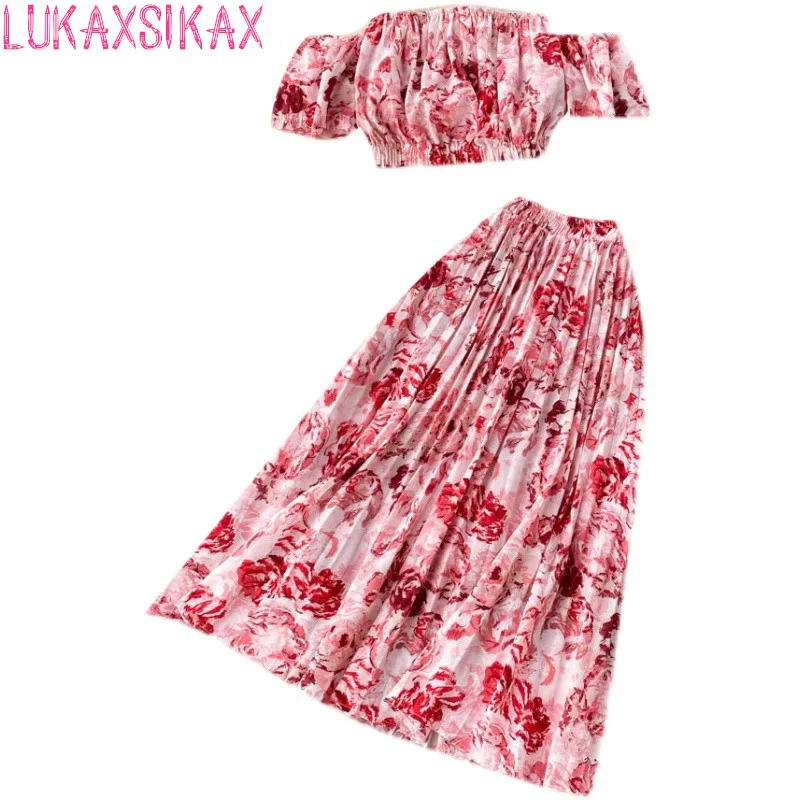 

Vacation Style New Summer Women Sets Sweet Floral Two Piece Set Sexy Slash Neck Crop Top And Pleated Long Skirt