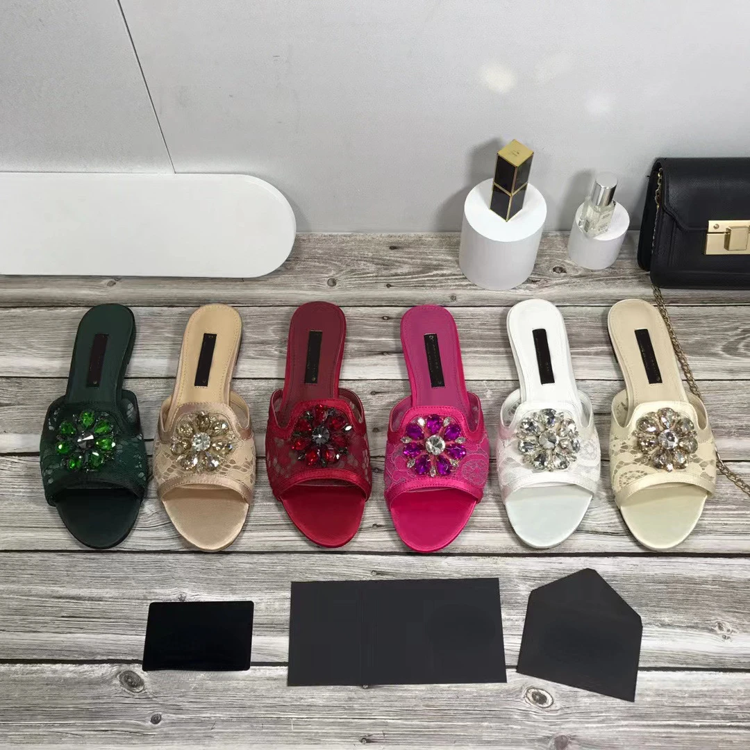 Lace Flat Bottomed Women's Outerwear Mesh Breathable Women's Large Flat Heel Rhinestone Slippers