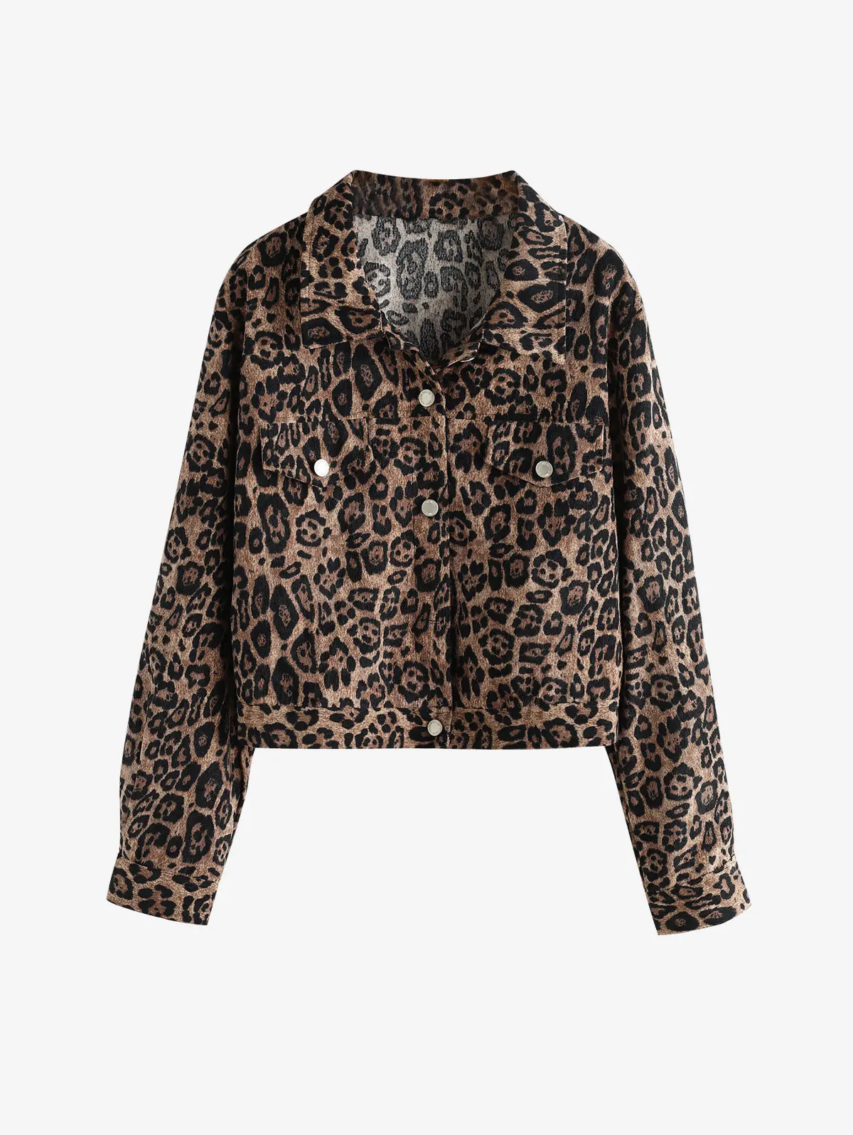 

ZAFUL Leopard Button Up Corduroy Shacket Women Casual Shirt Jacket Spring Autumn Wide Waisted Turn Down Collar Coat