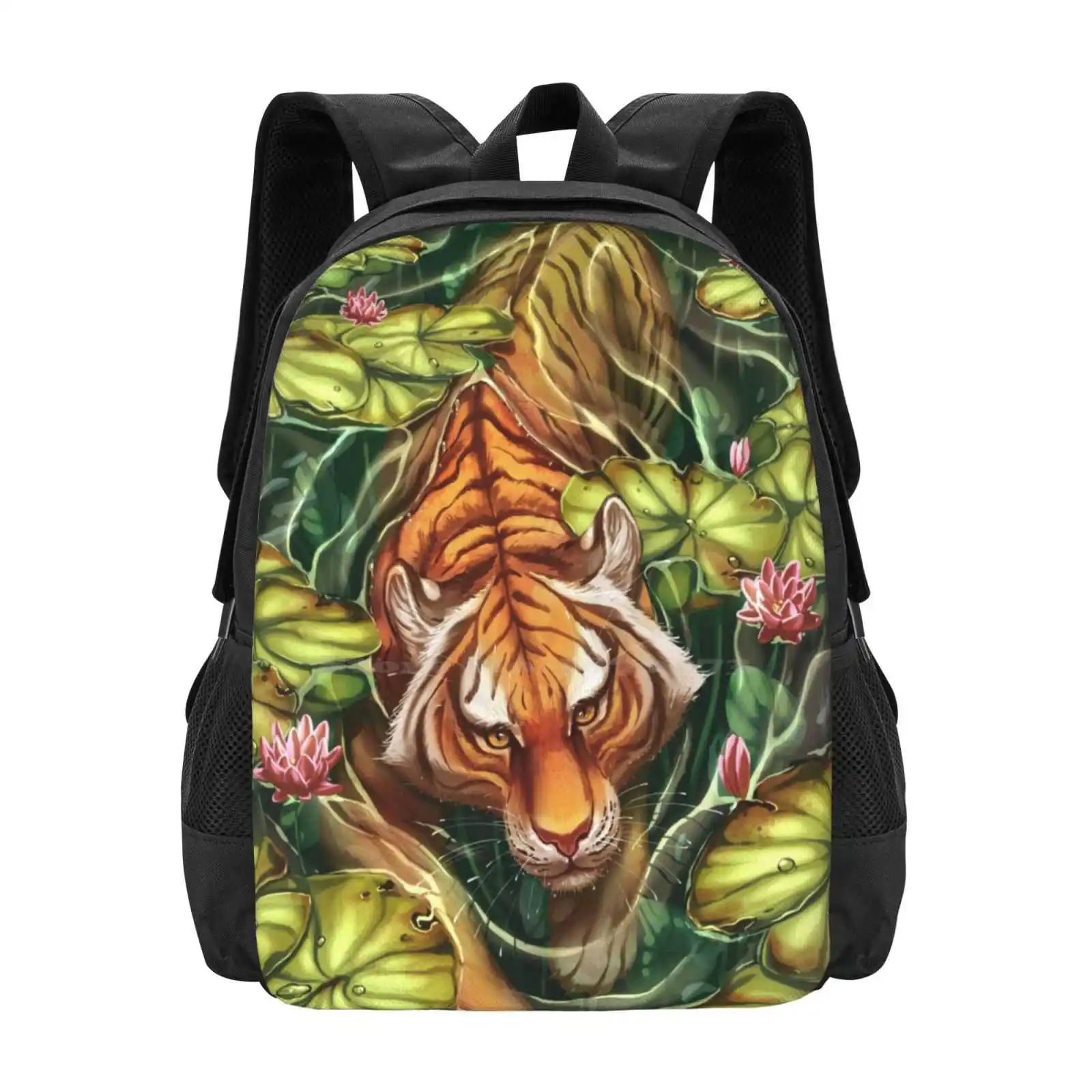 Tiger In The Lillies Hot Sale Backpack Fashion Bags Tiger Lillies Big Cat Water Lily Flower Floral Tropical Leaves Summer