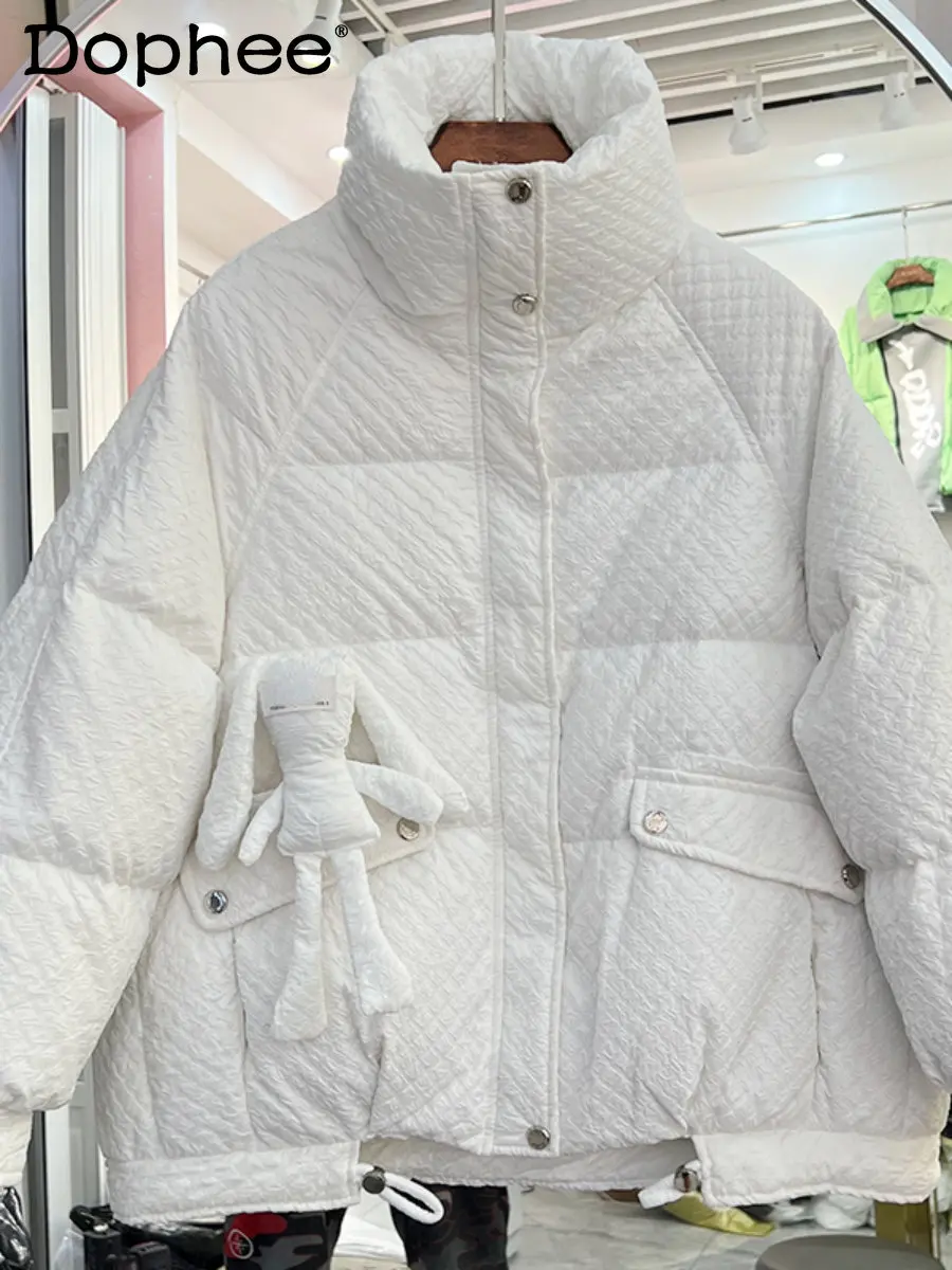 2022 Winter New Down Jacket Women Cartoon Rabbit Stand Collar Sweet Pink Thick Warm White Duck Down Coat Cotton-Padded Jacket