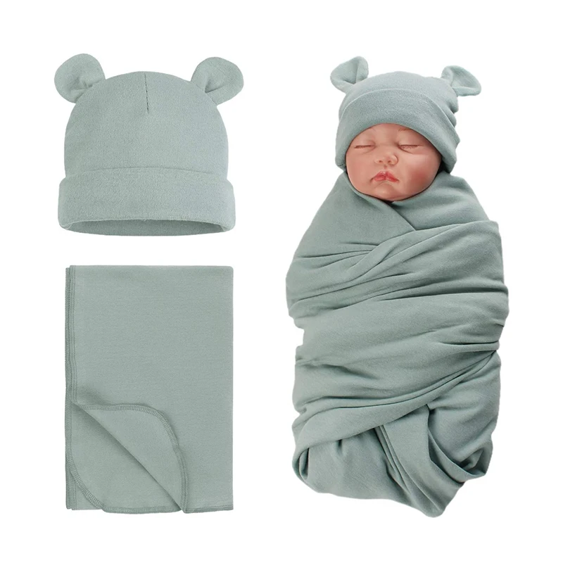 

2PCS/SET New Born Swaddle Wrap and Hat Baby Blankets Newborn Receiving Blanket Solid Infant Sleeping Bag Envelope Bedding Cover