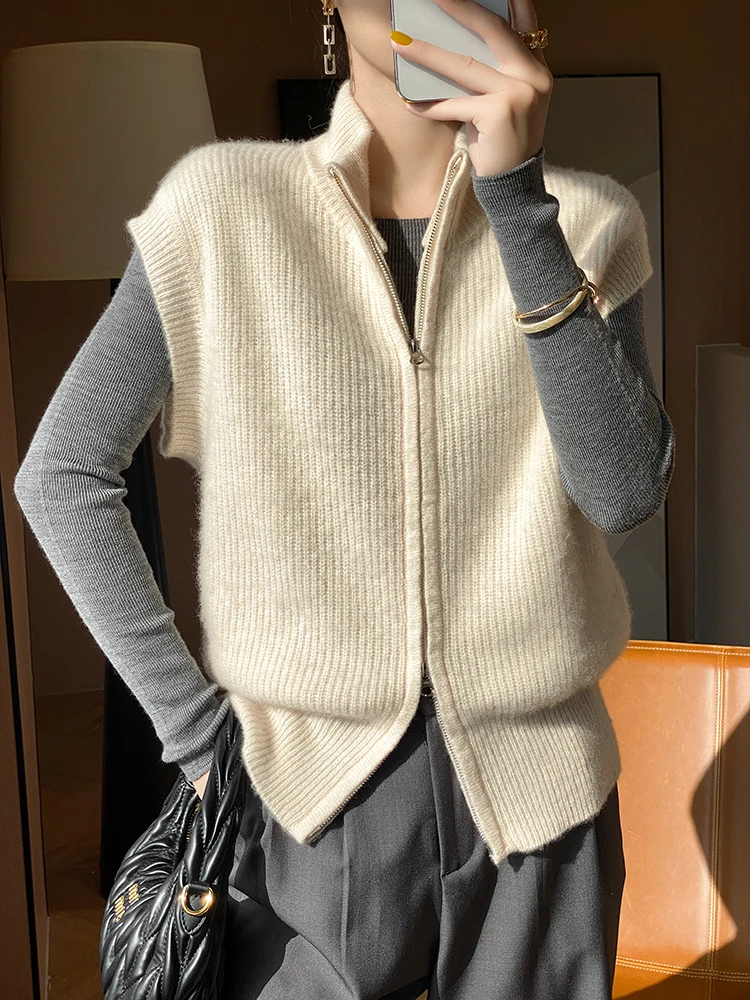 Осень-зима 2024 новая водолазка кардиган из чистой шерсти женский свободный жилет