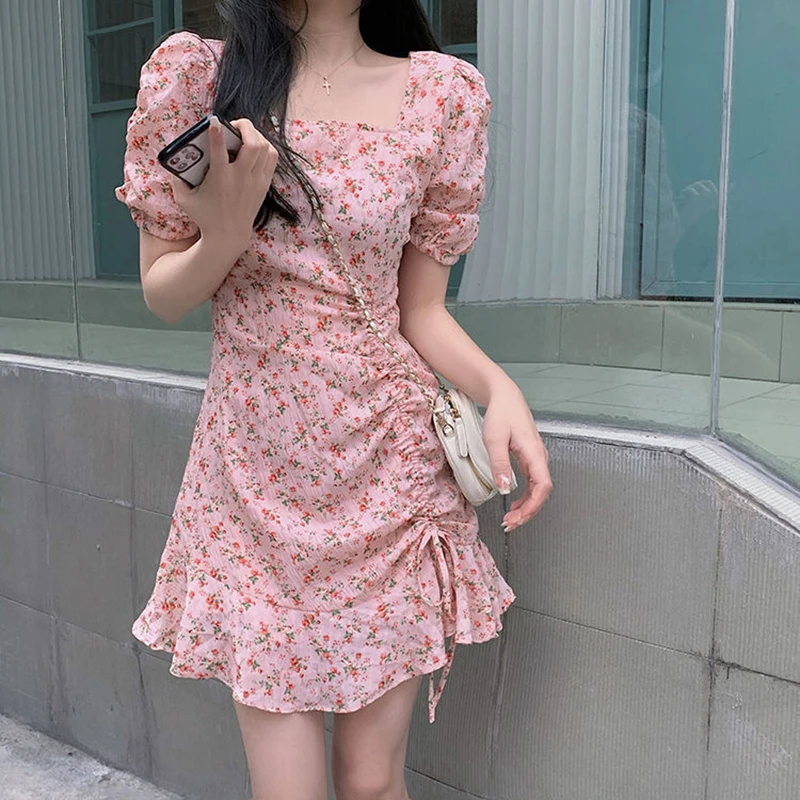 

ELLIEXI Pink Floral Dress Women Summer Sweet Lovely Square Collar Short Sleeve Printing Dresses Fashion Casual Vestidos Chic