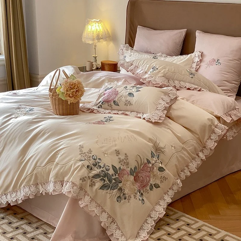 

Purple Flowers Embroidery Chic Lace Double Queen King 4Pcs 1000TC Egyptian Cotton Duvet Cover Bed Sheet Pillowcases