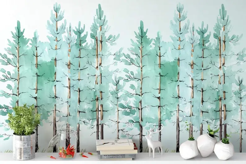 

Tree Wallpaper Peel and Stick | Pine Trees Painting Wall Mural
