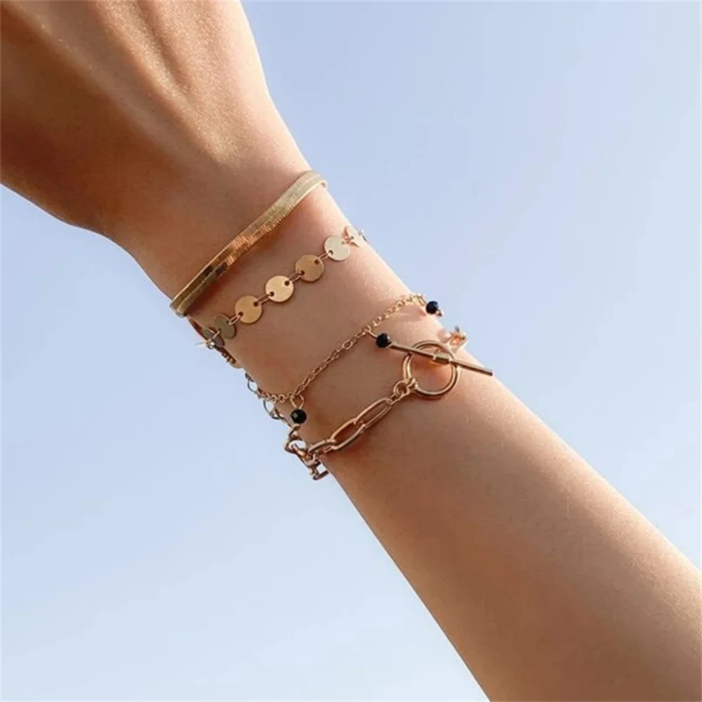 Винтажная золотистая плоская цепочка с подвеской из черного бусинного диска и геометрическим браслетом для женщин в стиле бохо, модный украшения подарок.