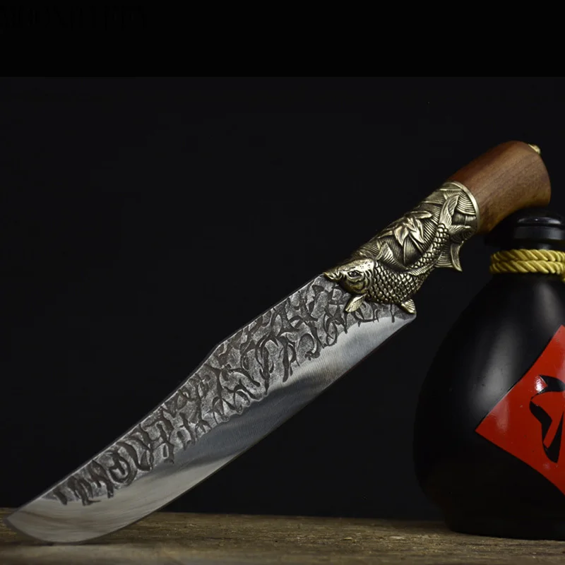 

9 Inch Longquan Kitchen Knife Hand Forged Copper Decor Chef Cleaver Hunting Barbecue Knife For Cutting Vegetable Meat