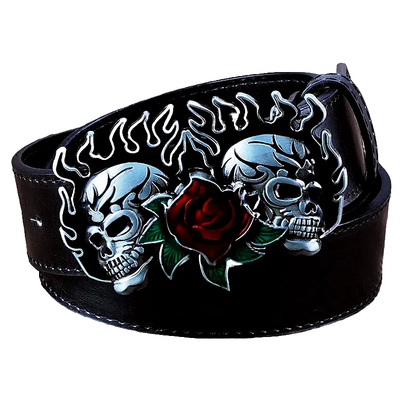 Drop shipping Flame Skull Rose Flower Pattern Buckle Fashion Belt Double Skull Head Heavy Metal Rock style