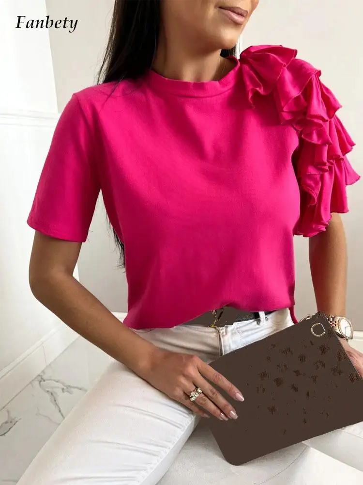 

New Fashion Chic Ruffles Short Sleeve Design Blouse Women Elegant O-Neck Solid Commute Shirt Tops Casual All-match Streetwear