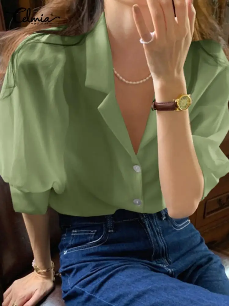 

Celmia 2022 Summer Women Tunic Tops Lapel Puff Sleeve Buttons Fashion Shirts All-match Elegant Solid Color Lightweight Blusas