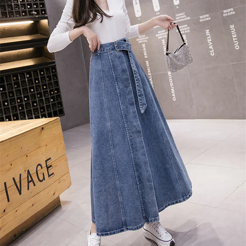 Women Midi Button Jeans Skirts A Line Chic Denim Long Skirt High Waist Big Hem Casual Jean Skirt Belt Spring Fall