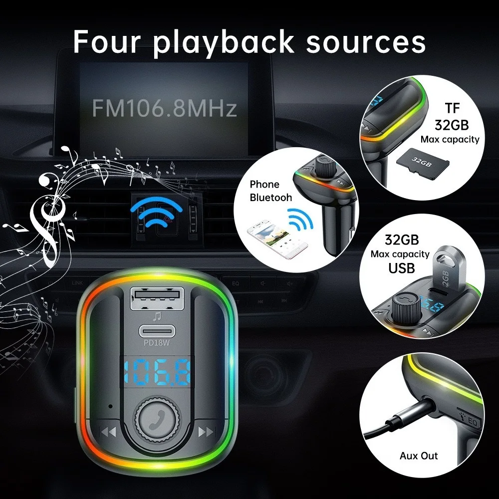 

Hands-free FM Transmitter Car Kit MP3 Music Player Bluetooth-compatible 5.0 AUX Audio Music Play LED light USB Car Charger PD18W