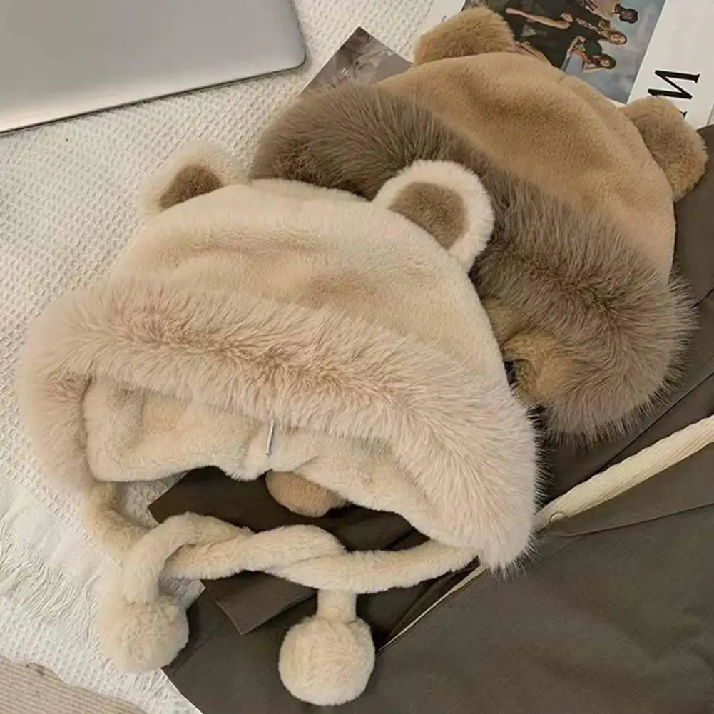 

Теплая женская шапка, мягкая пушистая Женская плюшевая шапка с милыми медвежьими ушками, ветрозащитная теплая шапка для велоспорта на осень и зиму для девочек