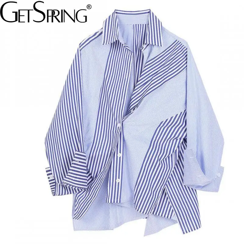

Getspring Women Shirt Asymmetry Long Sleeve Striped Blouse Tops Irregular Color Matching Loose Casual Shirt Spring Clothing 2022