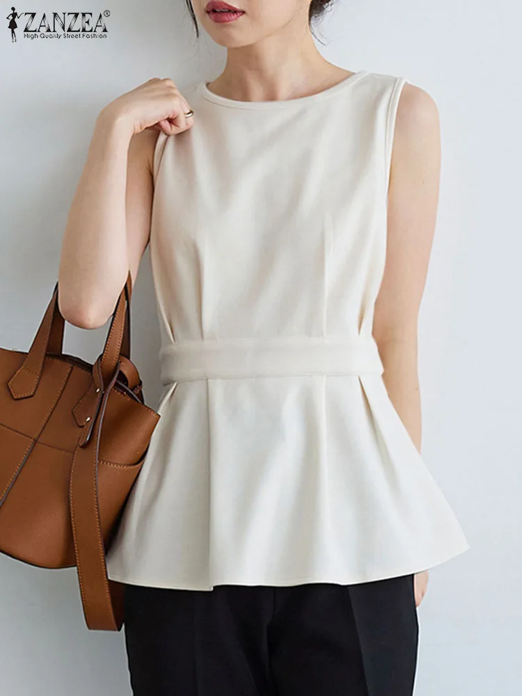 

ZANZEA 2023 Casual Ruffle Tops Summer Women Sleeveless Blouse Fashion Solid Peplum Tank Tops Holiday Pleating Waist O-neck Shirt