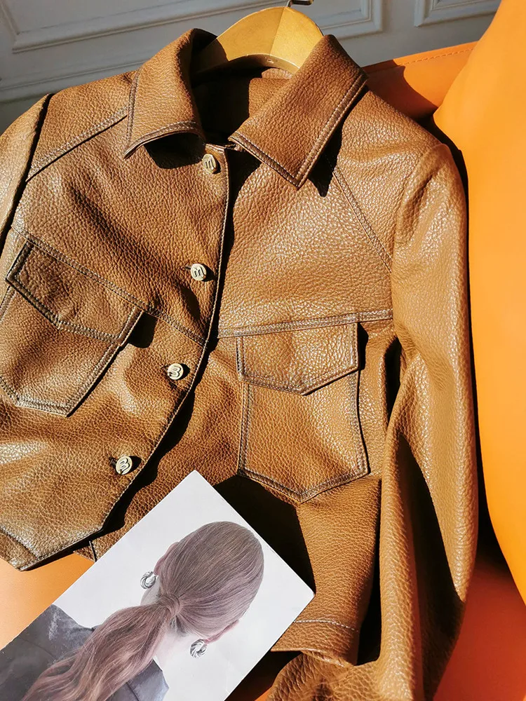 Lapel Leather Coat Women's Spring And Autumn Short Genuine Leather Jacket Female Coat Sheep Skin Outerwear enlarge