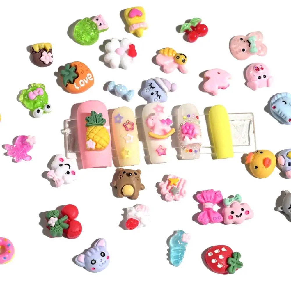 

Kawaii Cartoon Animal Fruit Nail Charms Lovely Resin Nail Parts Cartoon Bear Dog Strawberry Nail Figures Nail Art Accessories
