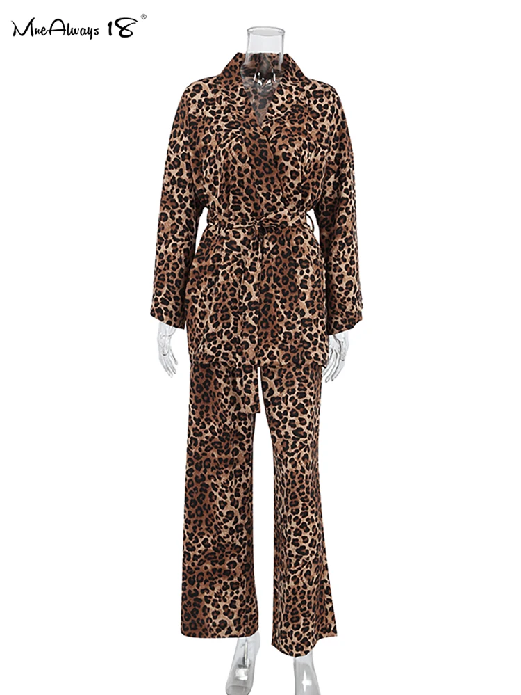 Mnealways18 штаны с леопардовым принтом комплекты женской домашней одежды 2024 блузки